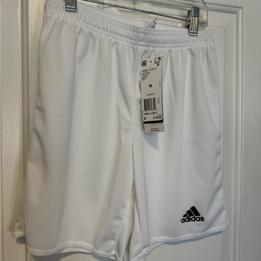 adidas White Kids Athletic Shorts with Black Logo Embroidery